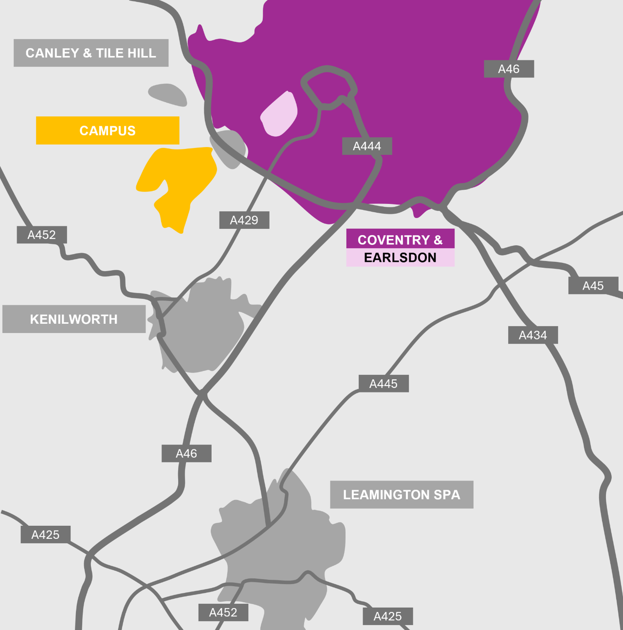 Map of local areas to reside in surrounding Warwick campus, with Coventry outlined in purple and campus outlined in yellow